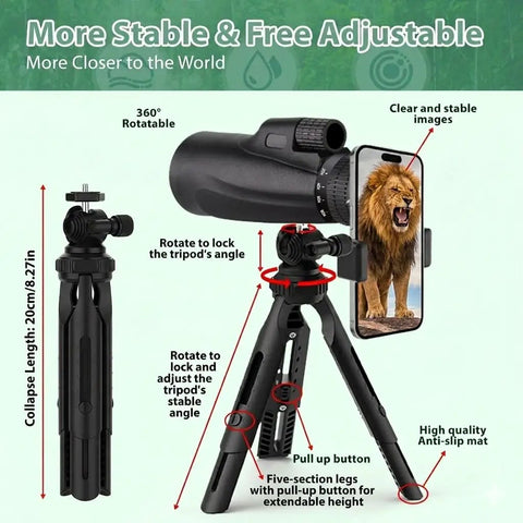 Ultra High Power 80x100 Monocular For Adults With Tripod And Smartphone Bracket, BAK4 Prism And FMC Lens, Crystal Clear Long Range Viewing For Bird Watching, Outdoor Adventures In Black, tripod view