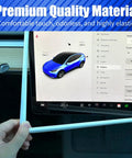 Person holding white silicone protector frame next to Tesla Model 3 screen, highlighting Premium Quality Material.