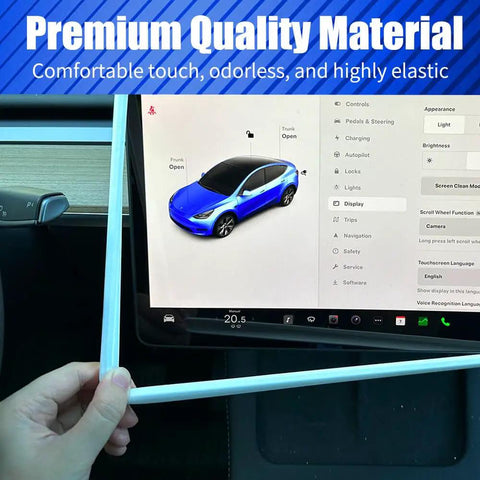 Person holding white silicone protector frame next to Tesla Model 3 screen, highlighting Premium Quality Material.