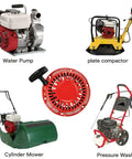 Collage of recoil pull starter, water pump, plate compactor, cylinder mower, and pressure washer engine types.