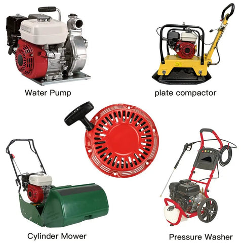 Collage of recoil pull starter, water pump, plate compactor, cylinder mower, and pressure washer engine types.