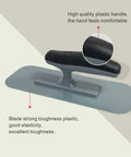 Lightweight Plastic Trowel With Black Comfort Grip Workhorse For Easy Scrape And Smooth Walls Includes 3.5 x 9.5 Inch Finishing Trowels Round End Handle Great For Plastering And Paint Projects shown in detail with black handle and flat blade.