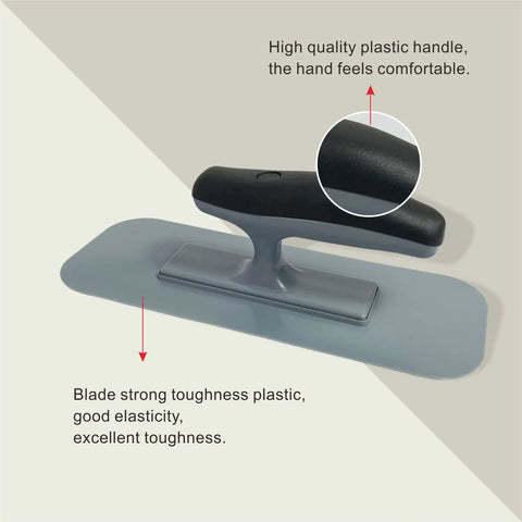 Lightweight Plastic Trowel With Black Comfort Grip Workhorse For Easy Scrape And Smooth Walls Includes 3.5 x 9.5 Inch Finishing Trowels Round End Handle Great For Plastering And Paint Projects shown in detail with black handle and flat blade.