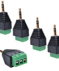 5 Pack 3.5 Mm Trs Male Audio Plug Connector For Headphone Wire Repair Heavy Duty Solderless Screw Terminal 3 Pole Stereo Jack Gold Plated Copper Core No Sweat Rewiring, showing five audio plugs with green screw terminals.