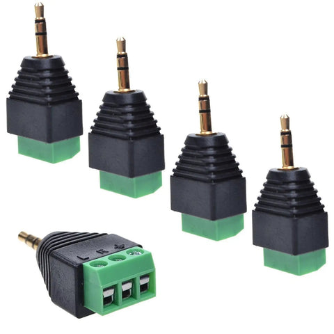 5 Pack 3.5 Mm Trs Male Audio Plug Connector For Headphone Wire Repair Heavy Duty Solderless Screw Terminal 3 Pole Stereo Jack Gold Plated Copper Core No Sweat Rewiring, showing five audio plugs with green screw terminals.