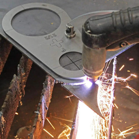 Circle Cutter Guide Stencil Kit For Plasma Cutters, Five Piece Set, showing circular stencil in use with sparks