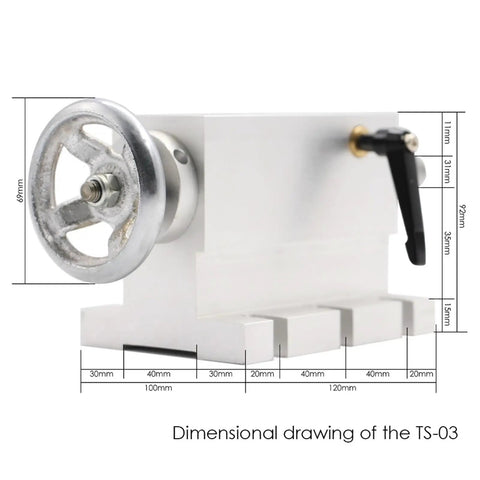 Dimensional drawing of Killer CNC Engraving Tailstock Base System Featuring Three Swappable Heads Model TS-03 with measurements.