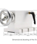 Dimensional drawing of the TS 03 CNC tailstock with adjustable base, featuring a wheel and support mounts for heavy duty engraving.