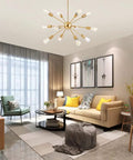 12 Light Brushed Brass Sputnik Chandelier For Modern Mid Century Kitchen Island And Dining Room Pendant Lighting Gold Ceiling Hanging Light Fixture Perfect For Living Room, Bedroom, Bar Or Commercial Spaces With Retro Starburst Vibe in living room setup