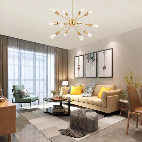 12 Light Brushed Brass Sputnik Chandelier For Modern Mid Century Kitchen Island And Dining Room Pendant Lighting Gold Ceiling Hanging Light Fixture Perfect For Living Room, Bedroom, Bar Or Commercial Spaces With Retro Starburst Vibe in living room setup