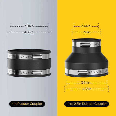 Joinerjetly magnetic dust-collection fittings: two rubber couplers (4in and 4in-to-2.5in) with metal hose clamps.