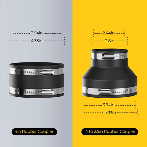 4-inch and 4 to 2.5-inch rubber couplers, dimensions shown, for Locking Dust Collection Fittings For 4 Inch Woodworking Shop Vacuums With Quick Connect And Interlock System Includes Port Connector And Two 4 Inch Couplers Delivers Leak Free Seal And Boss Level Suction Under Heavy Tugging.