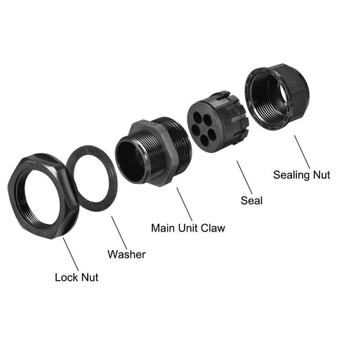 Exploded view of M32 Five Hole Cable Gland Waterproof IP68 Nylon Joint Locknut for 6 to 8mm Wire showing components.