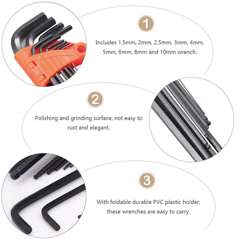 Pro 9Pc Ball End Hex Key Wrench Set With Long Arm Reach For Deep Torque Precision Mechanical Repair And Cool DIY Projects Plus Durable PVC Holder, 1.5-10mm