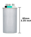 35/5 MFD Dual Run Start Capacitor 370V/440V CBB65 for AC unit, metal body, 85mm height, side view with terminals visible