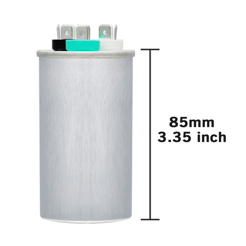 35/5 MFD Dual Run Start Capacitor 370V/440V CBB65 for AC unit, metal body, 85mm height, side view with terminals visible