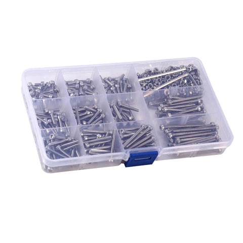 Solid 440 Piece Metric M3 Machine Screw Assortment Kit 304 Stainless With Hex Heads Two Hex Keys Ideal For Machinery Electronics Repair Needing Rust Proof Fasteners That Stay Secure Stop Loosening For Pros And DIYers Keep Gear Tight On Project. organizer box with M3 stainless screws and Allen keys