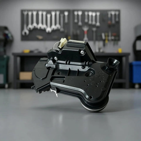 Front Right Passenger Door Actuator Replacement for 2018-2025 Cars - OEM-Style Door Mechanism, Direct Replacement, Fits 2022-2025 Compact Models, Part Numbers 72110 TVA A02 and 72110 TVA A01 black plastic actuator on workshop bench
