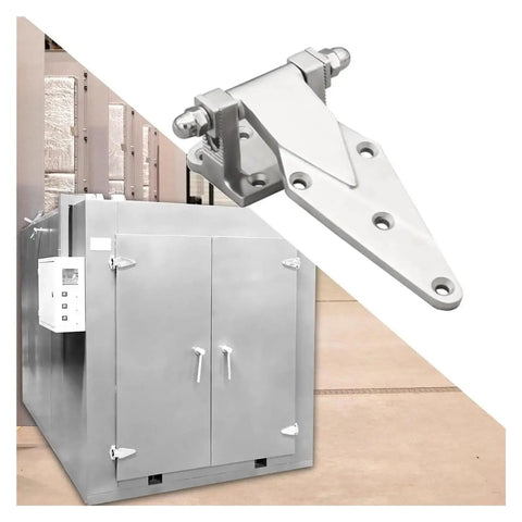 Heavy Duty Adjustable Refrigerator Door Hinges Offering Whisper Quiet Shutting And No Sweat Installation, stainless steel, shown on a fridge.