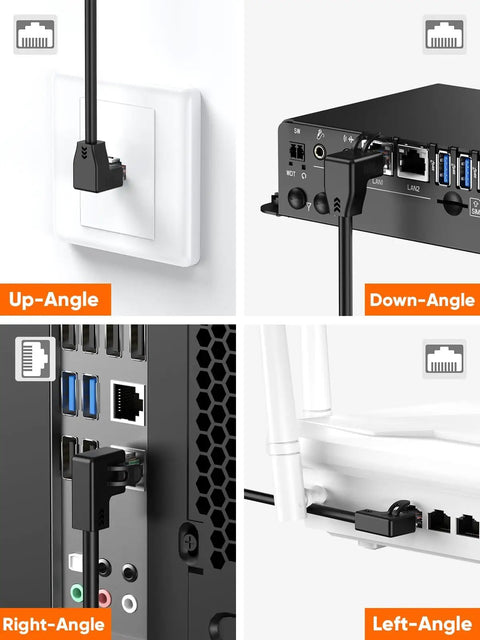 Cat6 Shielded Ethernet Extension Cable With Upward Angled Connectors, 8P8C Patch Cable, 250 MHz Bandwidth, 1.6 Feet, Black, shown in various angles including up, down, right, and left, installed in network equipment.