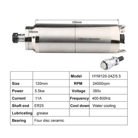 Water Cooled CNC Spindle For Milling Machines, 5.5kW Constant Power, High Speed Angular Contact Bearings, Metal Body Motor specs