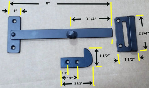 Heavy Duty Rectangular Gate Thumb Latch With Dead Simple Two Way Throw Rock Solid Steel Construction And Smooth Black Powder Coat Exterior, dimensions displayed.