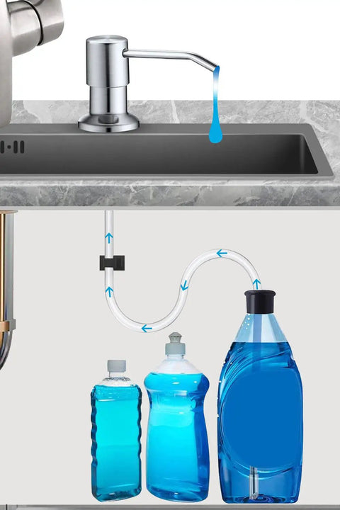 47 Inch Soap Dispenser Extension Tube Kit With Upgraded Metal Check Valve And Anti Leak Gravity Ball Prevents Backflow No More Refills One Durable Tube Fits All Countertops And Built In Sinks displayed with sink and soap bottles