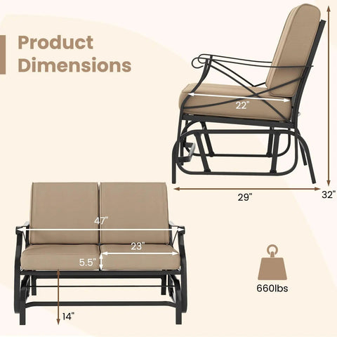 Dimensions of Two Person Patio Glider Bench with comfy cushions and breathable fabric, showing measurements and weight capacity of 660 lbs