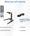 WiFi Digital Microscope 4K HD Camera With 50X To 1000X Magnification, Wireless Handheld Scope, Adjustable Stand, Compatible With iPhone Android iPad Mac Windows PC, Great For DIY Lab Work And Hobbies, shown with stand, USB cable, and manual
