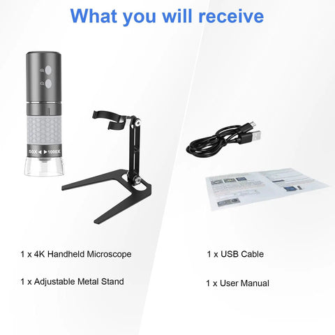 WiFi Digital Microscope 4K HD Camera With 50X To 1000X Magnification, Wireless Handheld Scope, Adjustable Stand, Compatible With iPhone Android iPad Mac Windows PC, Great For DIY Lab Work And Hobbies, shown with stand, USB cable, and manual