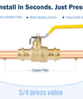 Three Quarter Inch Press Ball Valve With EPDM O-Rings One Quarter Turn Full Port Shut Off For Copper Tubing Connections