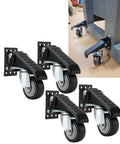 Heavy Duty Workbench Caster Kit Set Of Four Featuring Retractable Step Down Wheels, black steel brackets with swivel wheels.