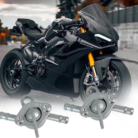 Sport motorcycle parked outdoors with metallic connectors in foreground