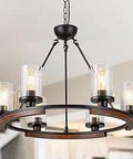 28-Inch Wagon Wheel Chandelier With 6 Lights, Farmhouse Rustic Black Metal Pendant Light with glass shades in room view