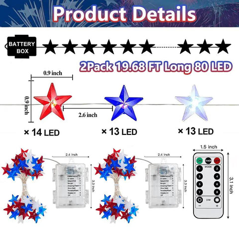 2 Pack 80 LED Red White Blue Patriot String Lights Battery Operated 20 Ft Indoor Outdoor Fairy Lights with remote control