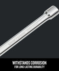 34 Piece Socket Extension Bar Kit With Universal Joint And Adapters For Easy Access And Quick Size Identification Master Set With Corrosion Resistant Chrome Finish That Meets ASME Standards. Close-up of corrosion-resistant chrome extension bar with engraved markings on a dark background.