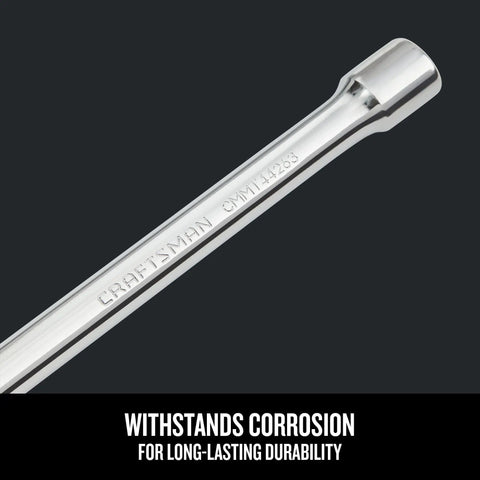 34 Piece Socket Extension Bar Kit With Universal Joint And Adapters For Easy Access And Quick Size Identification Master Set With Corrosion Resistant Chrome Finish That Meets ASME Standards. Close-up of corrosion-resistant chrome extension bar with engraved markings on a dark background.