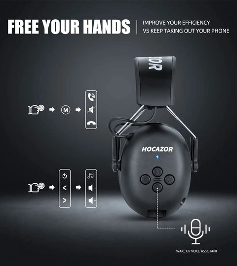 Bluetooth Five Point Three Hearing Protection Earmuffs with NRR 25dB Noise Canceling controls and logo, black