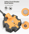 Close-up of Industrial 5 Outlet Power Hub With 15 Ft Heavy Duty Extension Cord For Garage And Workshop showing circuit breaker button