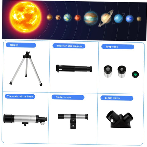 Components of Starter Refractor Telescope With Adjustable Tripod For Adults No Fuss Lightweight Compact Astronomy Scope displayed
