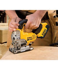 Slick 20V Max Cordless Jigsaw Kit With 4.0 Ah Battery And Fast Charger in use cutting plywood with precision.
