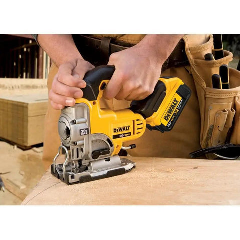Slick 20V Max Cordless Jigsaw Kit With 4.0 Ah Battery And Fast Charger in use cutting plywood with precision.