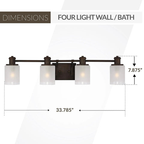 Norwood 4-Light Traditional Bath Fixture Wall Lamp in Bronze Finish, dimensions showing 33.785" width and 7.875" height
