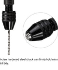 Close-up of 3-claw chuck holding drill bit in 37 Piece Hand Drill Set With Micro PCB Bits 0.1mm To 1.0mm And Mini Twist Bits 0.5mm To 3.0mm