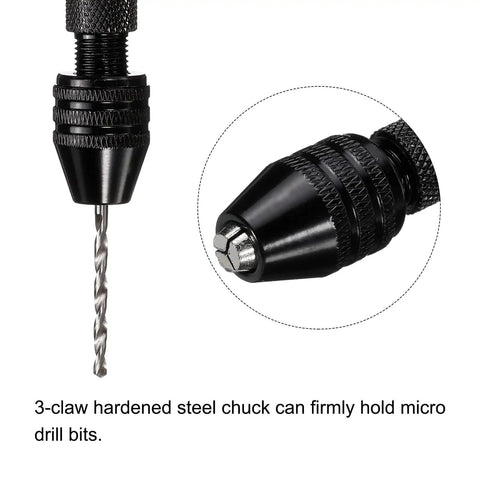 Close-up of 3-claw chuck holding drill bit in 37 Piece Hand Drill Set With Micro PCB Bits 0.1mm To 1.0mm And Mini Twist Bits 0.5mm To 3.0mm