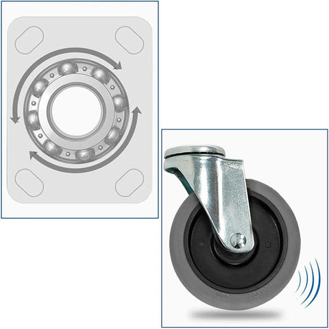Hella Quiet Rubber Swivel Caster Wheels Set With Dual Ball Bearings and Heavy Duty Galvanized Plate Stem close-up of dual ball bearings and rubber wheel.