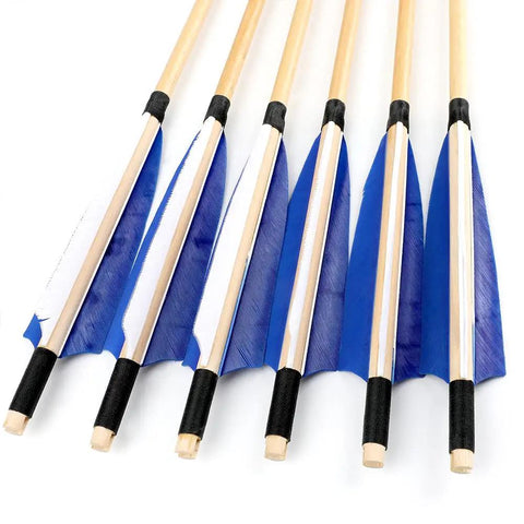 31 Inch Wooden Archery Arrows For Longbow And Recurve, Turkey Feather Fletched 5 Inch Feathers, Blue 6 Pack, Indonesian White Wood Shafts