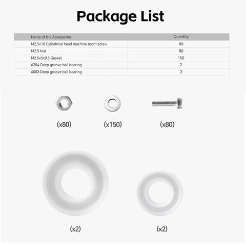 Jet Engine Model Components Kit For Bambu Lab Makerworld MH006 showing screws, nuts, washers, and ball bearings package list