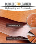 Image of durable PU leather with labels showing waterproof and scratch proof qualities. High-quality, eco-friendly material.