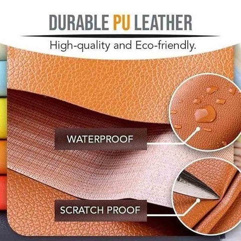 Image of durable PU leather with labels showing waterproof and scratch proof qualities. High-quality, eco-friendly material.